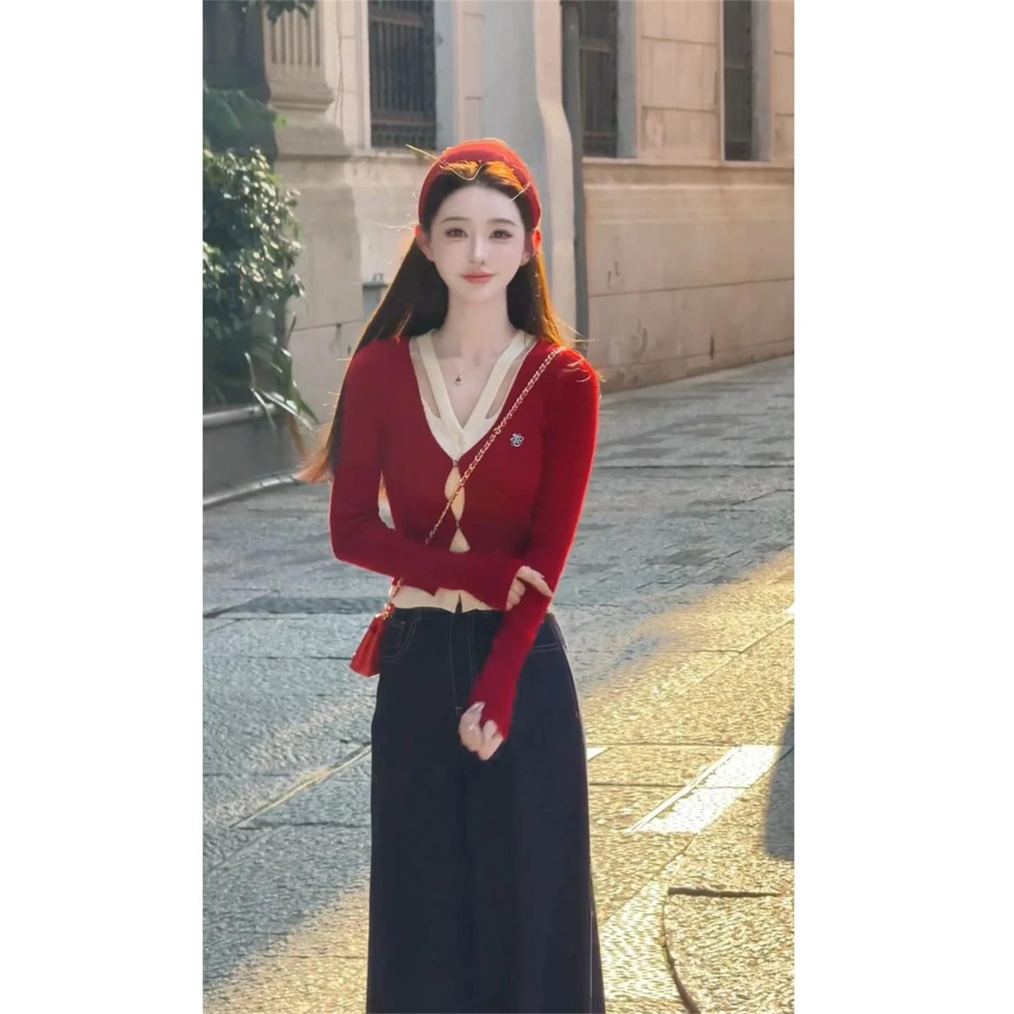 JOYIASS早秋流行穿搭辣妹设计感V领假两件上衣覆古高腰阔腿牛仔裤