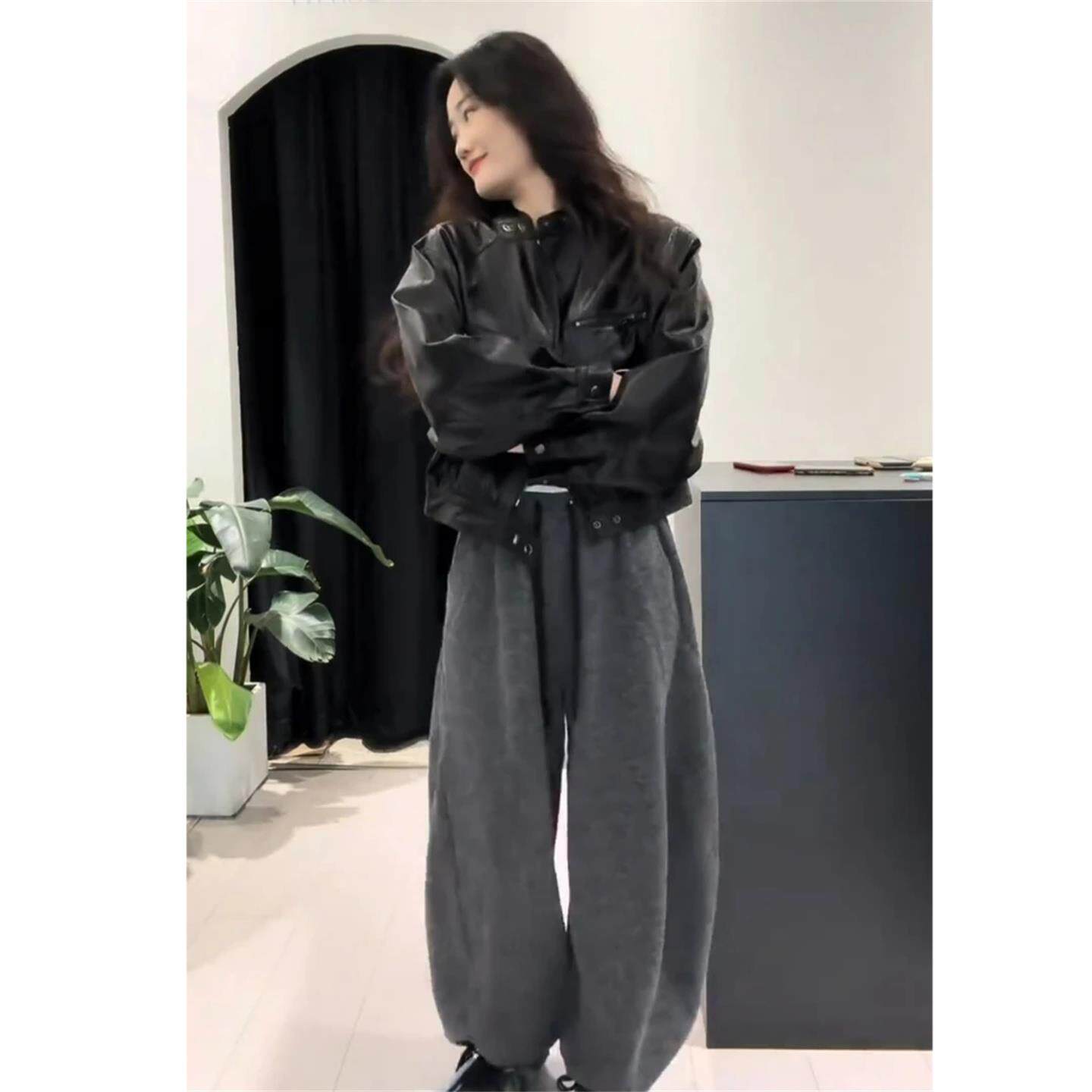 JOYIASS入秋穿搭一整套chic港风覆古机车皮衣外套慵懒风阔腿休闲
