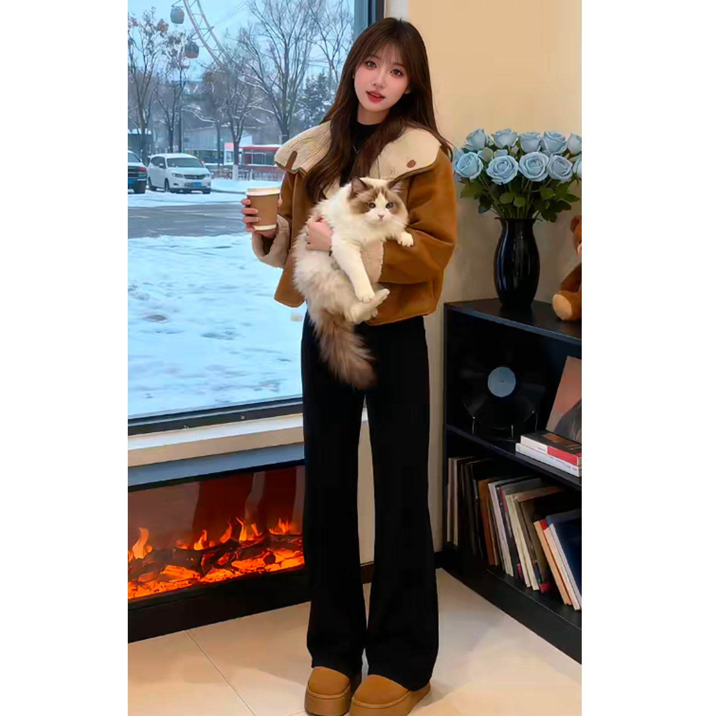 JOYIASS秋冬穿搭一整套美拉德复古羊羔毛外套女显瘦高腰微喇裤子