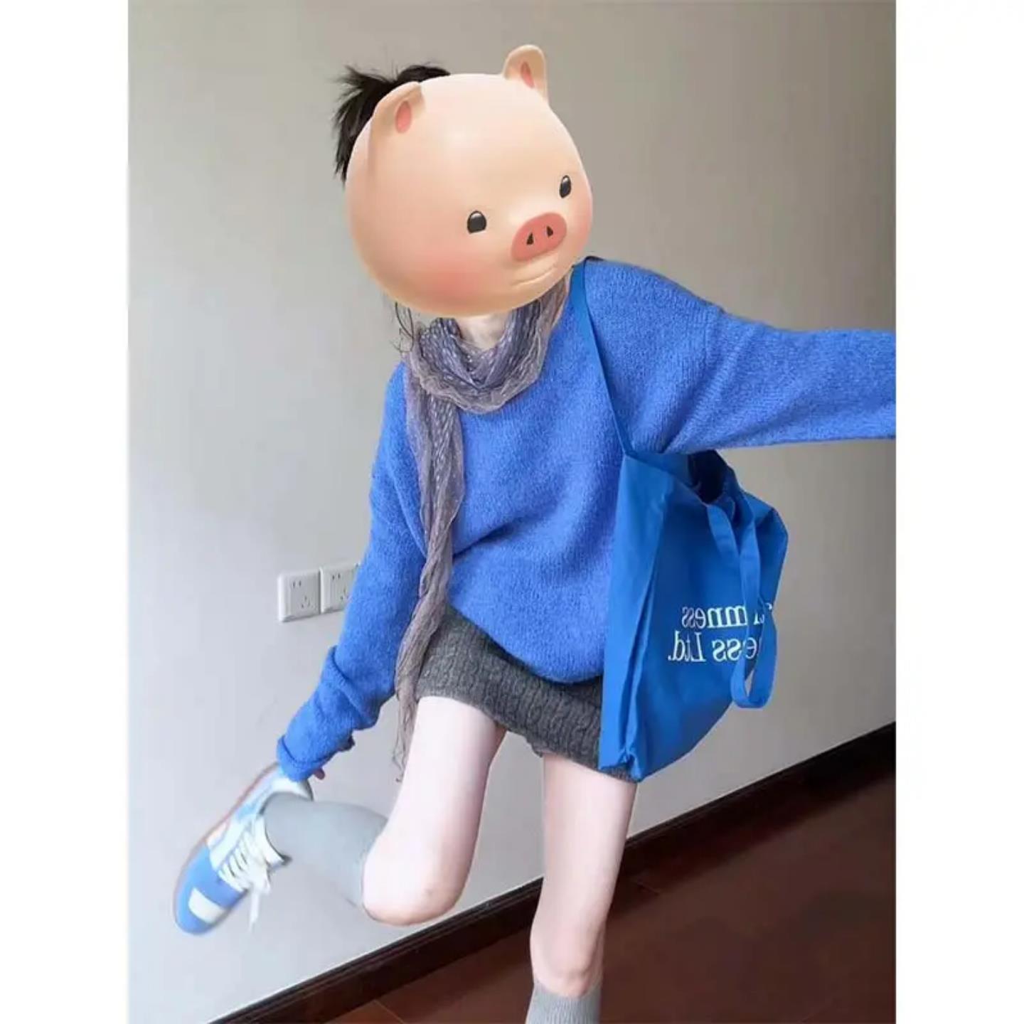 JOYIASS秋季女套装时髦时尚洋气克莱因蓝色毛衣高级感覆古针织短