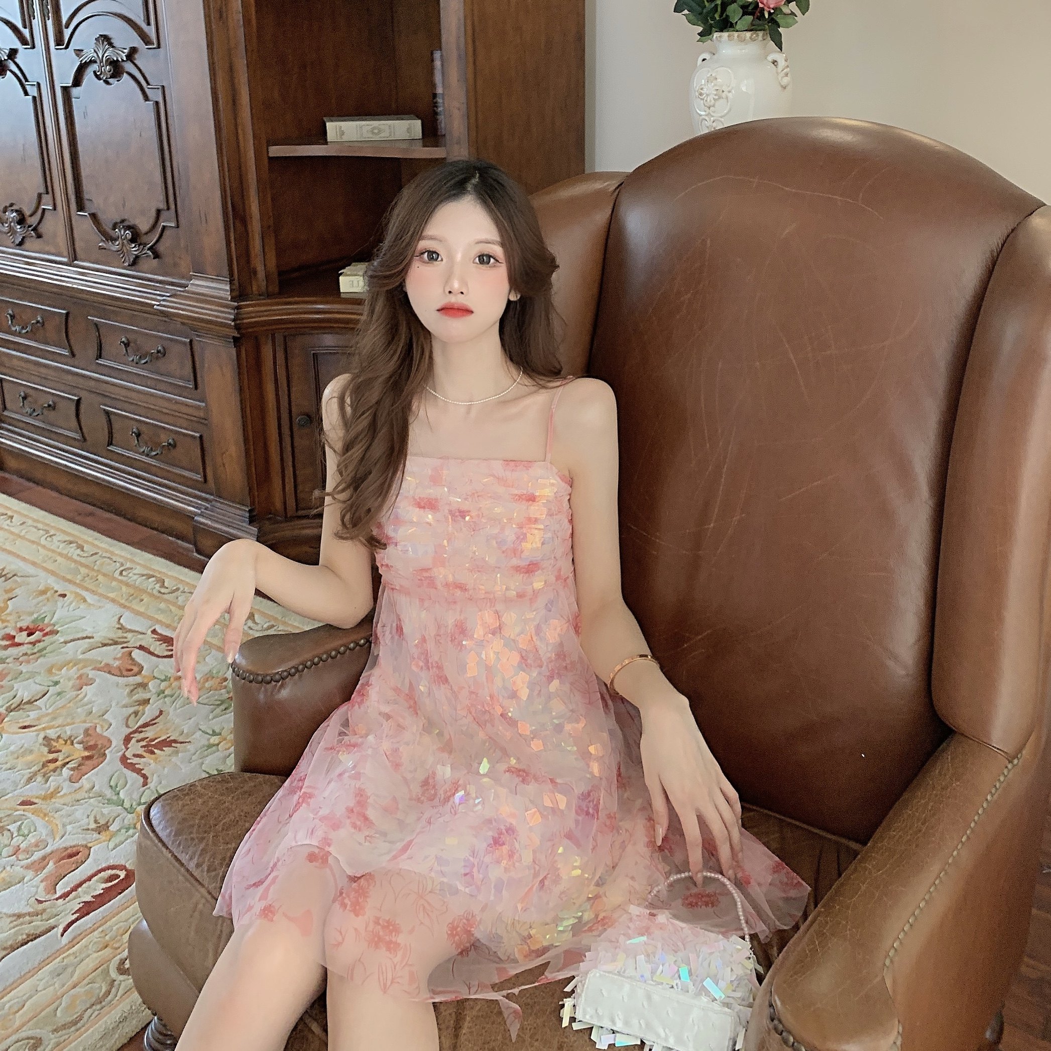 。亮片粉裙子春夏新款韩版拼接中长款吊带甜美公主bling连衣