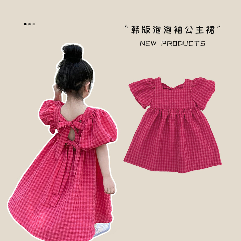 亲子家女童短袖连衣裙2024夏季新款韩版儿童红色泡泡袖裙子新款