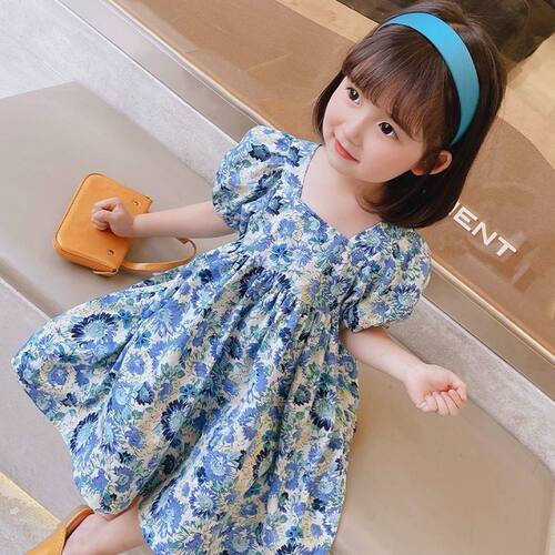 夏装亲子法式蓝色碎花公主裙