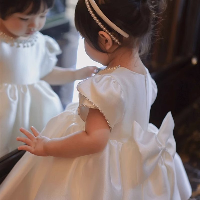 一周岁礼服女童生日公主裙百搭洋气花童婚礼小Q女孩宴会白色蓬蓬