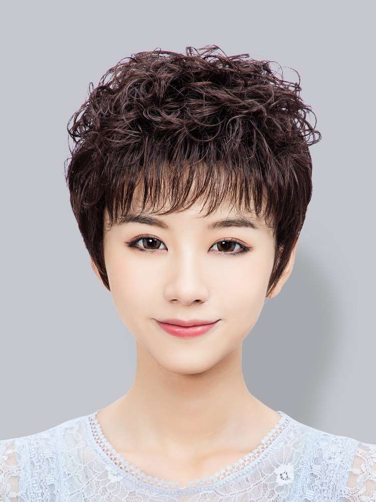 假发女短发妈妈女士中老年真发全头套自然真人发丝发套时尚短卷发