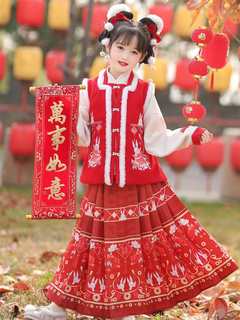 女童汉服冬装加厚加绒拜年服明制中国风红色马甲超仙古风唐装襦裙