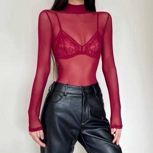 欧美性感高领网纱长袖T恤