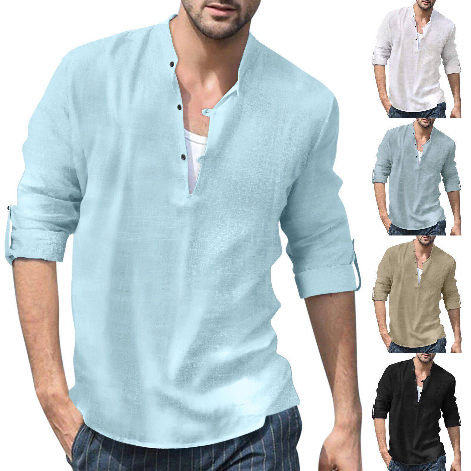 Men's Long Sleeve V-neck Casual Beach Linen Shirt