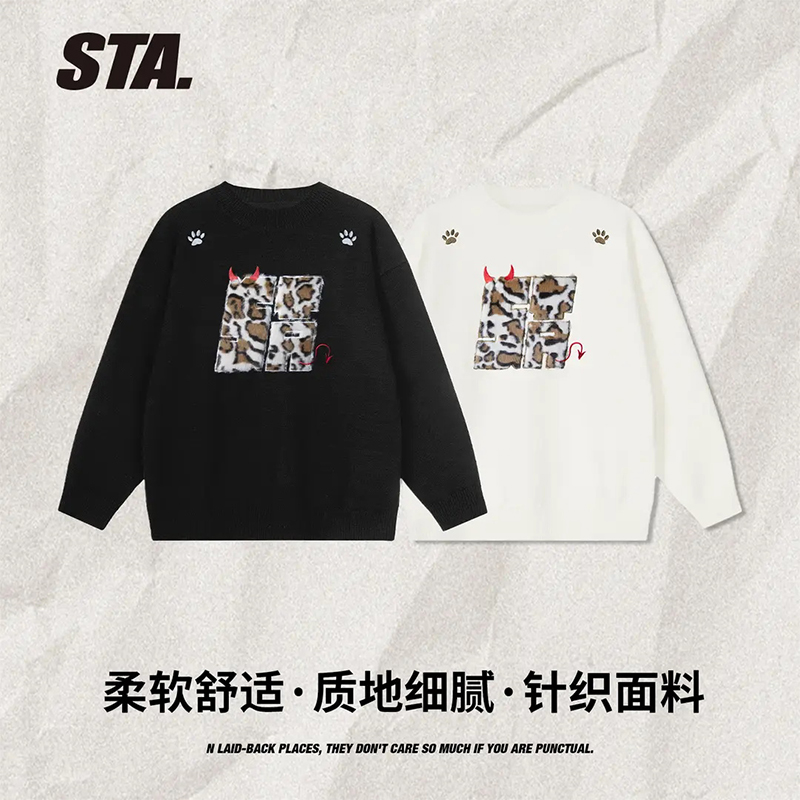 STA圆领毛衣男小恶魔针织衫刺绣