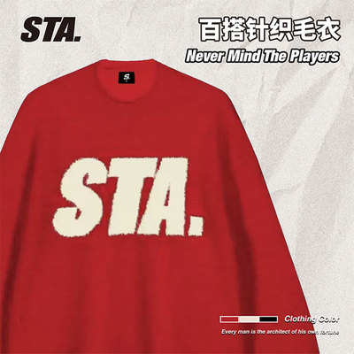 针织衫毛衣STA潮圆领上衣红色