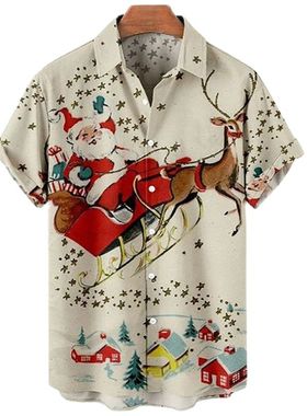 3D Christmas print plus-size lapel shirt  3D圣诞大码翻领衬衣