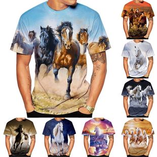 3D horse print long sleeve shirt        3D马匹印花大码短袖衫