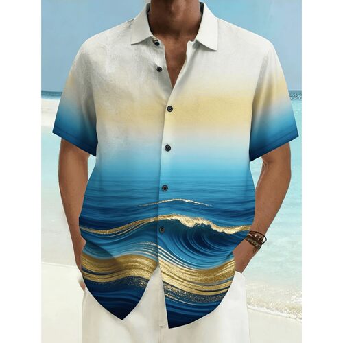 3D印花海边短袖衬衫男士免烫