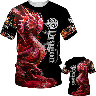 3D printed dragon short sleeve set休闲3D印花龙纹圆领短袖套装