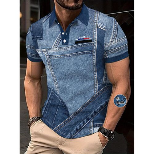3D denim print short-sleeved polo shirt 3D牛仔印花Polo衫短袖