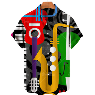 3D musical instrument loose lapel shirt   3D乐器宽松翻领衬衣