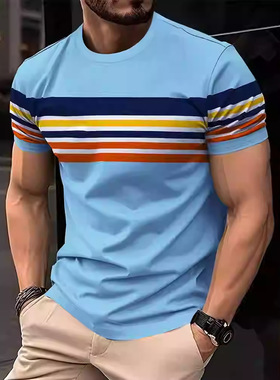 3D striped round neck short sleeve T-shirt3D条纹印花圆领短袖