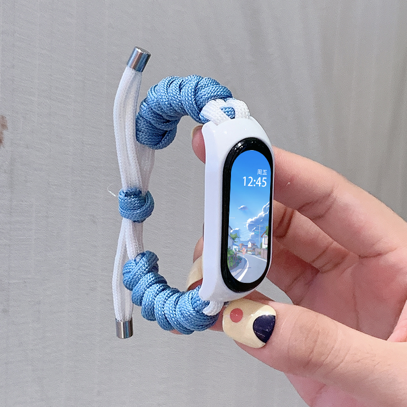 适用小米手环7腕带3/4/5/6NFC替换腕带尼龙绑绳新款智能手环运动个性潮流时尚创意男女同款舒适透气蓝白