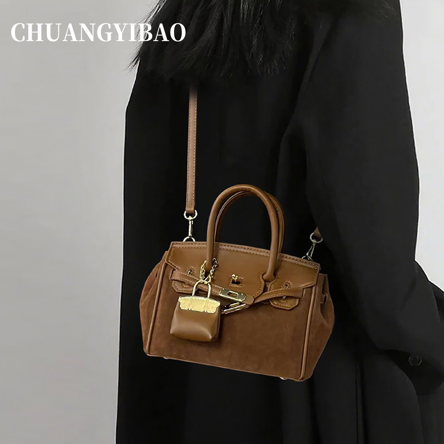 复古麂皮手提凯莉包包女式2025新款轻奢小众高级感单肩斜挎通勤包,箱包皮具/热销女包/男包,单肩包,淘宝优惠券,粉丝福利购,淘宝优惠卷