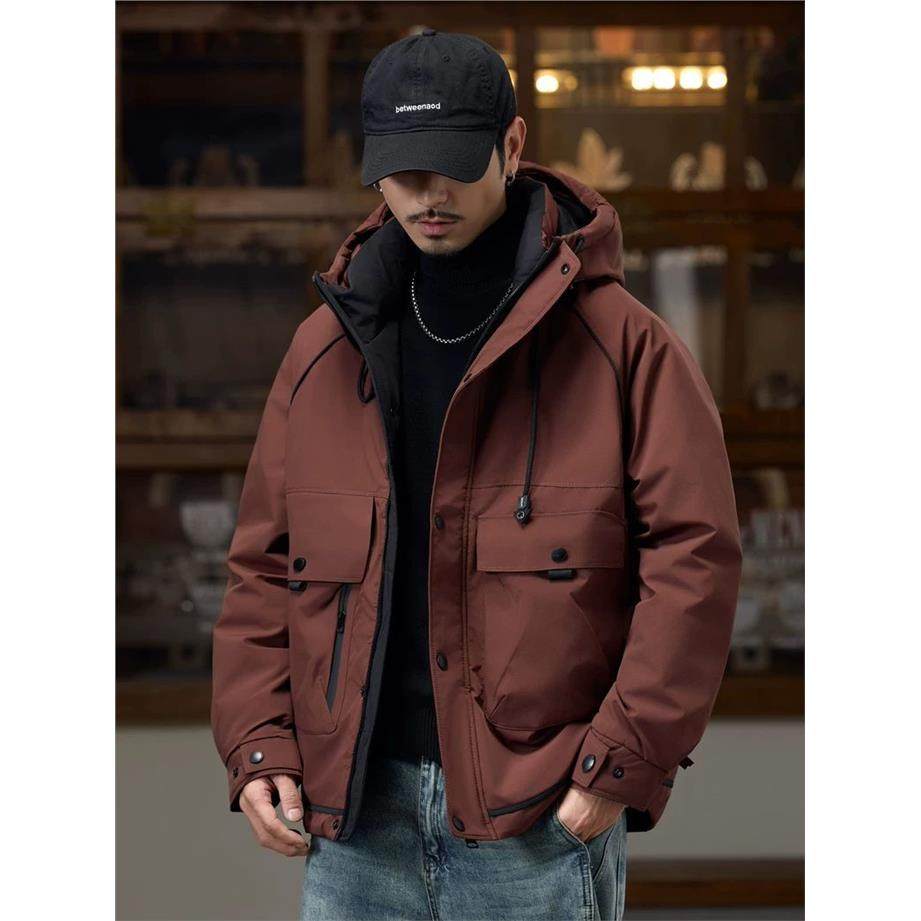 酒红色冲锋衣羽绒服男款冬季加厚2025新款短款宽松工装保暖外套潮,男装,羽绒服,淘宝优惠券,粉丝福利购,淘宝优惠卷
