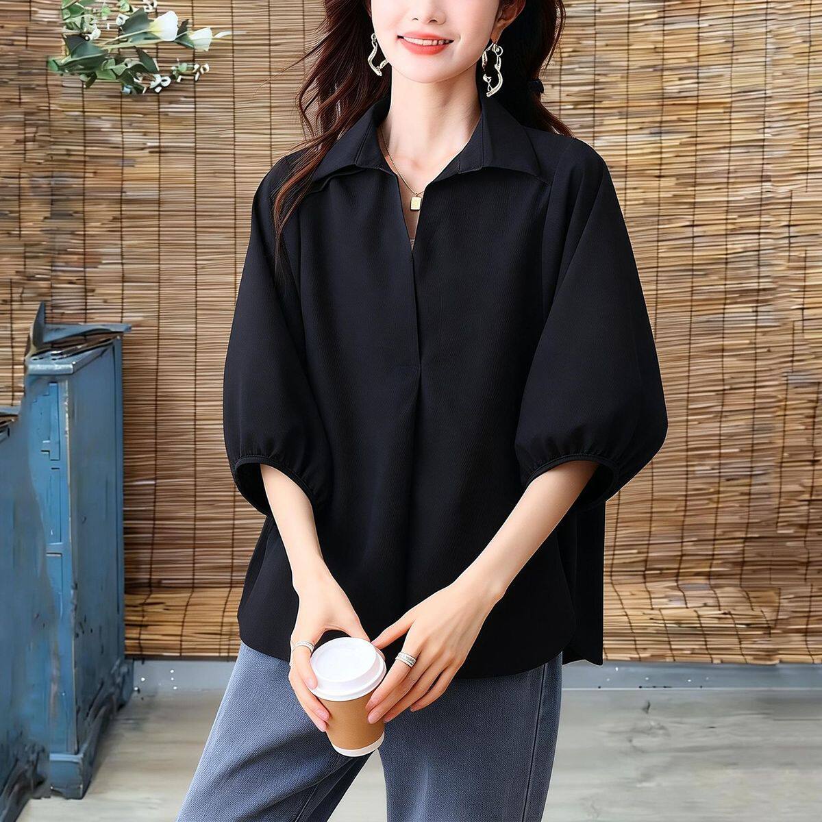 夏季翻领套头七分袖大码女装衬衫