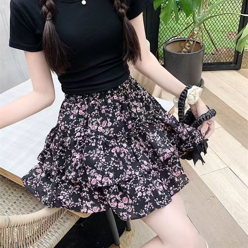 夏季甜美碎花高腰显瘦蛋糕半身裙