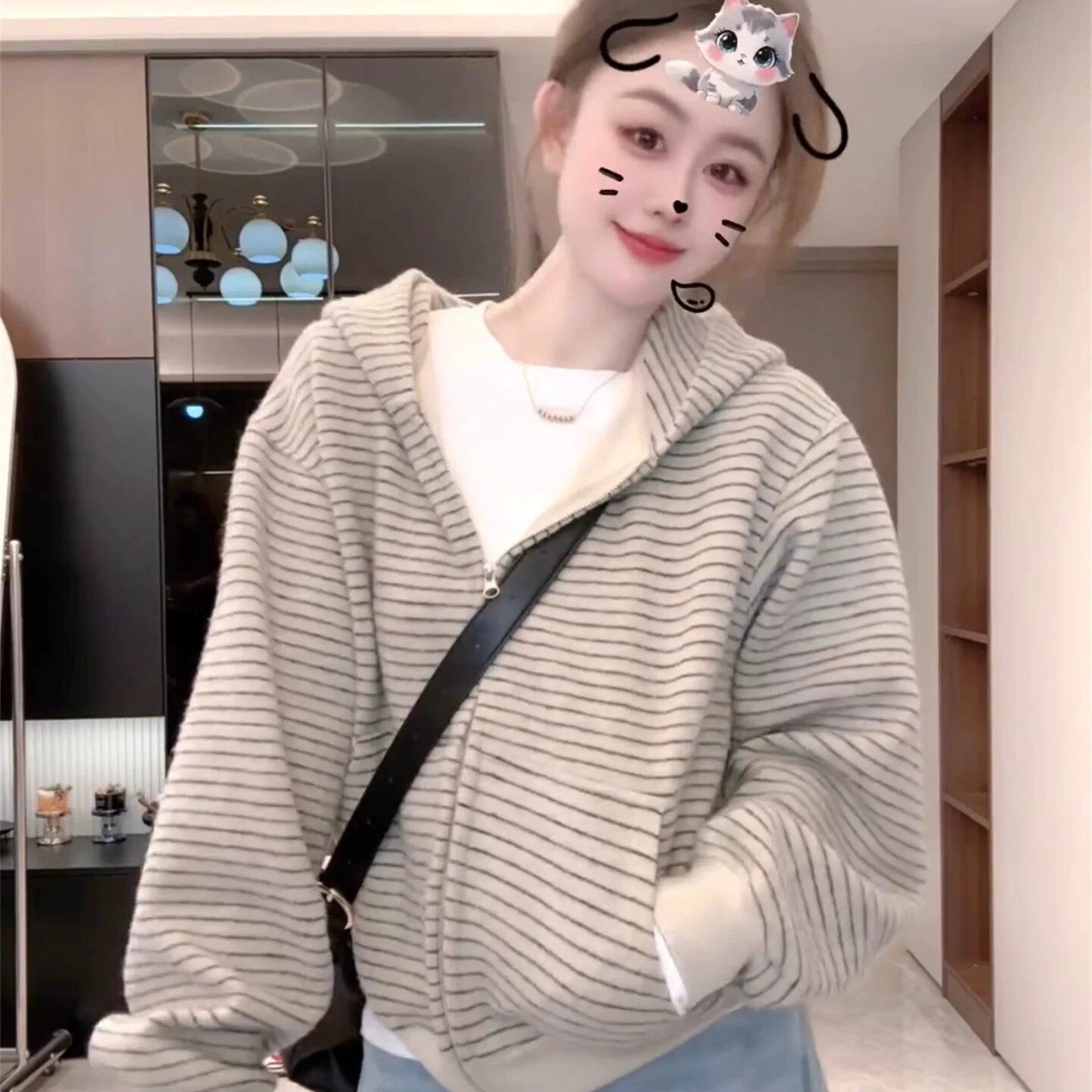 秋季连帽卫衣女美式条纹小个子