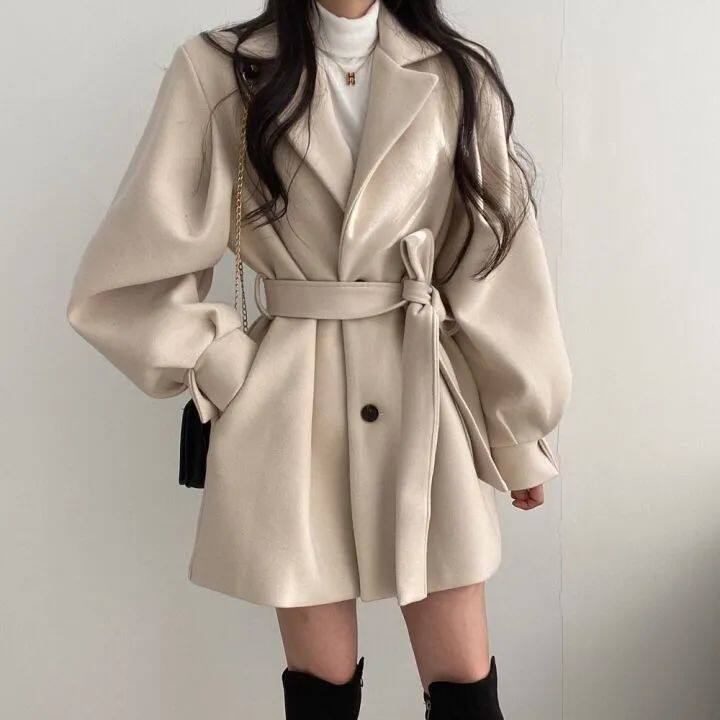 秋冬赫本风毛呢西装领大衣女