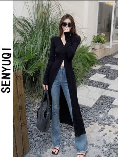 新款 修身 慵懒风v领长袖 单排扣开衫 显瘦中长裙子 连衣裙女时尚 春季