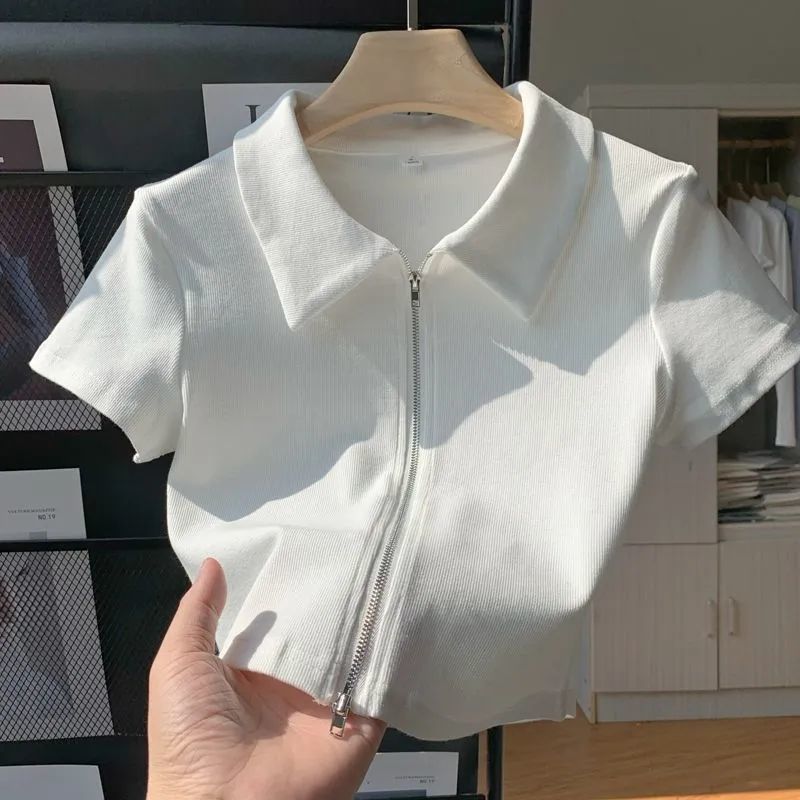 2024新款纯色polo翻领短袖T恤女夏季设计感双拉链修身短款打底衫