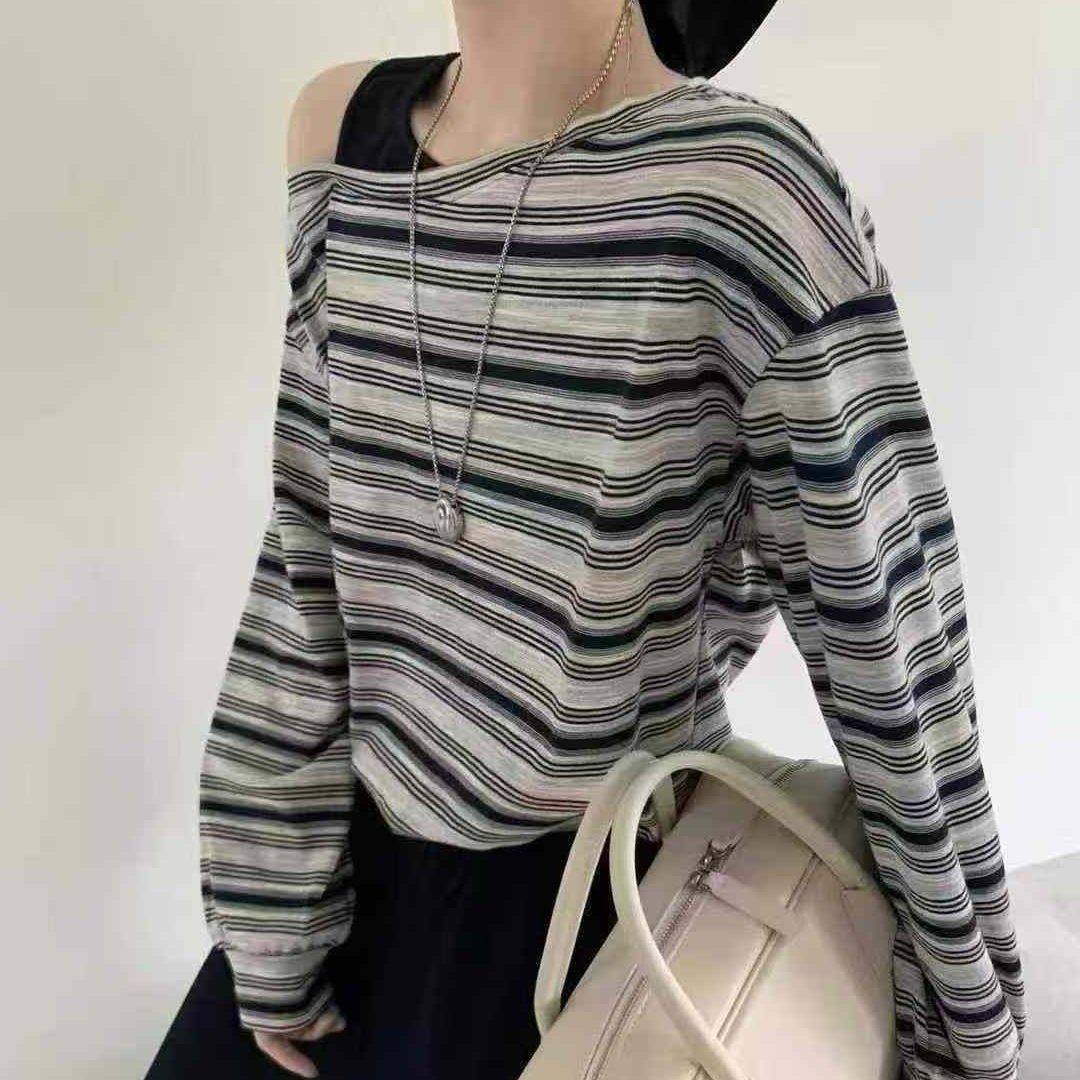 韩系慵懒条纹斜肩辣妹长袖t恤女早秋质感显瘦休闲露肩百搭上衣ins,女装/女士精品,T恤,淘宝优惠券,粉丝福利购,淘宝优惠卷