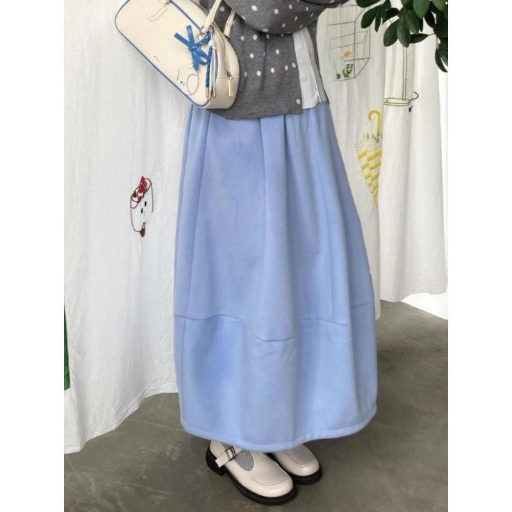 日系文艺蓝色毛呢半身裙2026新款小清新学生呢子花苞裙子