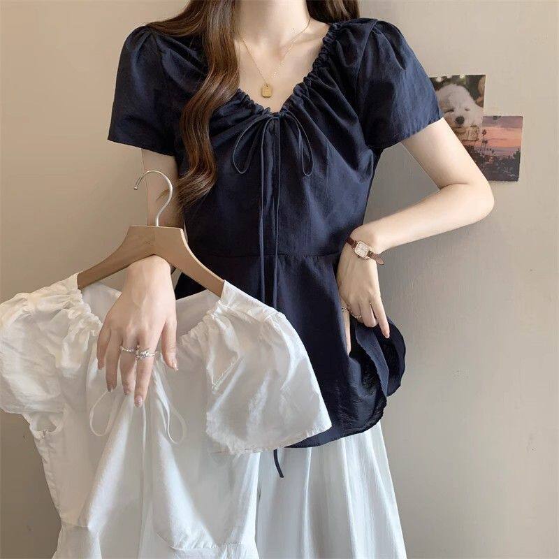 藏青V领短袖娃娃衫女大码亲肤