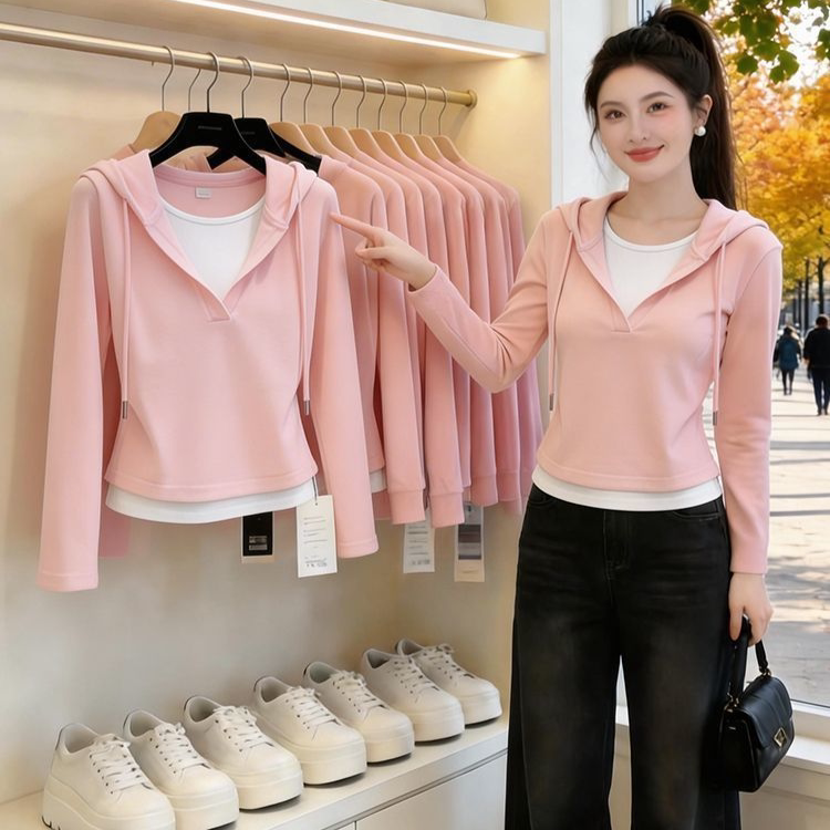 超好看温柔风松弛感少女感粉色假两件上衣女2026早春连帽半扣小衫