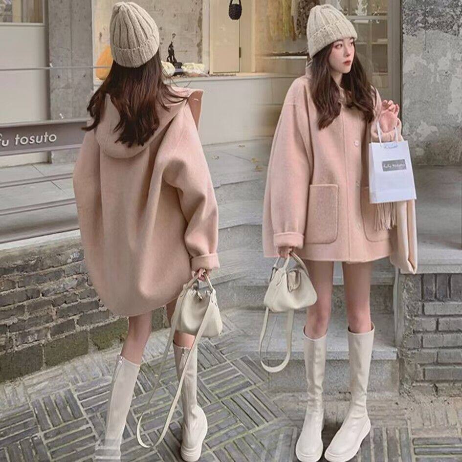 小香风玫瑰粉连帽双面呢斗篷外套