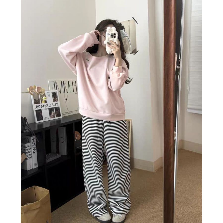 休闲运动套装女秋冬慵懒宽松露肩长袖卫衣条纹拖地长裤减龄两件套