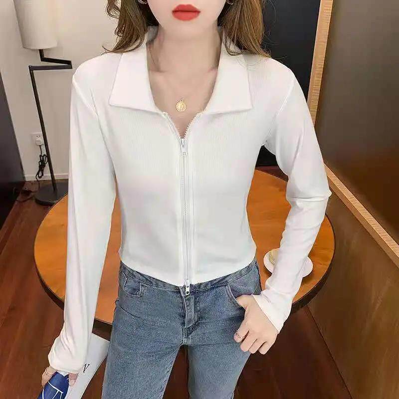 新款长袖polo领外套女2026秋韩版拉链开衫显瘦上衣设计感小众衬衫