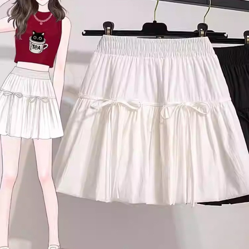 小个子白色蝴蝶结系带A字半身短裙女2026夏季胖mm高腰显瘦百褶裙