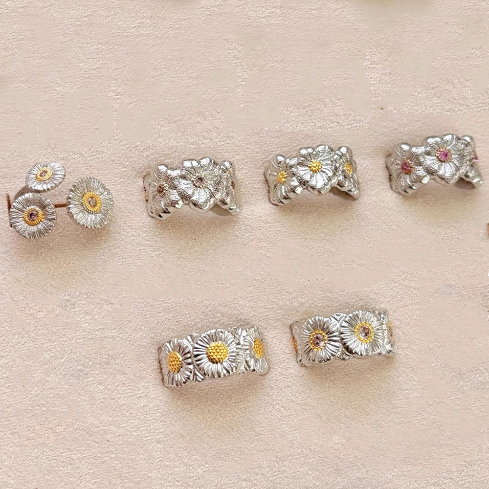 布吉拉提opera歌剧院意大利复古镶钻雏菊栀子花开口戒指纯银镀金