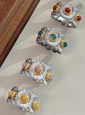 布吉拉提opera歌剧院意大利复古镶钻蓝玛瑙雏菊戒指925银指环拉丝