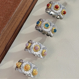 布吉拉提opera歌剧院意大利复古镶钻蓝玛瑙雏菊戒指925银指环拉丝