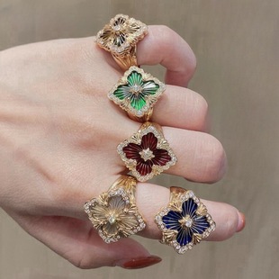 布吉拉提opera歌剧院四叶草戒指女银18K金复古拉丝白贝母单花轻奢