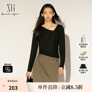 XG/雪歌XL101009A290莱赛尔V领长袖T恤修身显瘦微弹力打底上衣女