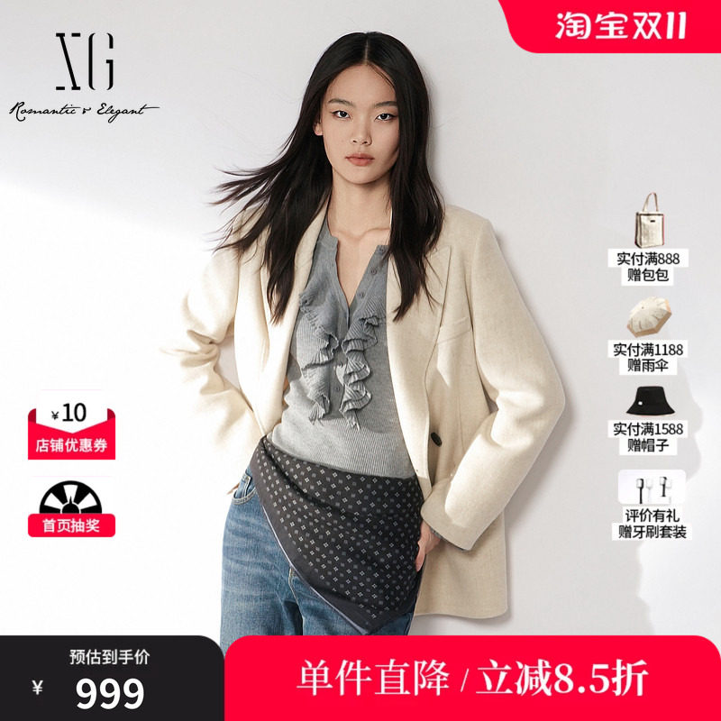 XG/雪歌 XL410006A191米白色100%绵羊毛翻领西装毛呢外套厚大衣女