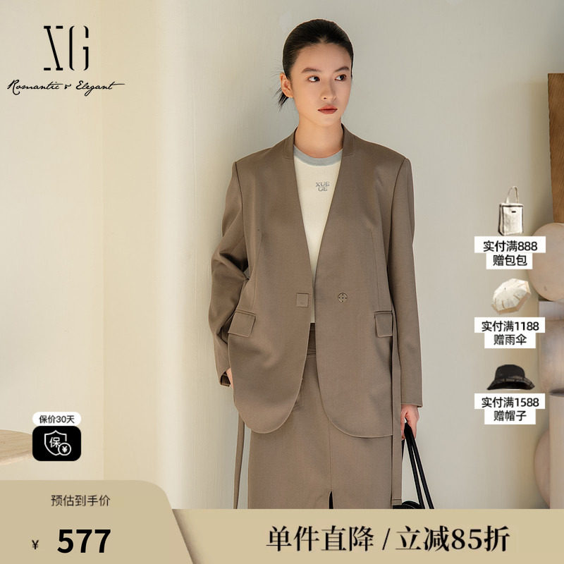 XG/雪歌XL107011A285 灰绿色羊毛混纺休闲西装通勤收腰长袖外套女