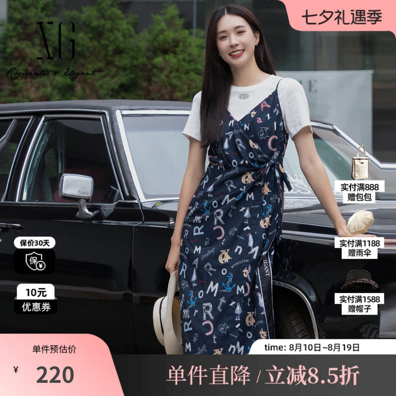 XG/雪歌XJ204063B997印花短袖连衣裙时尚夏季新款两件套吊带裙女