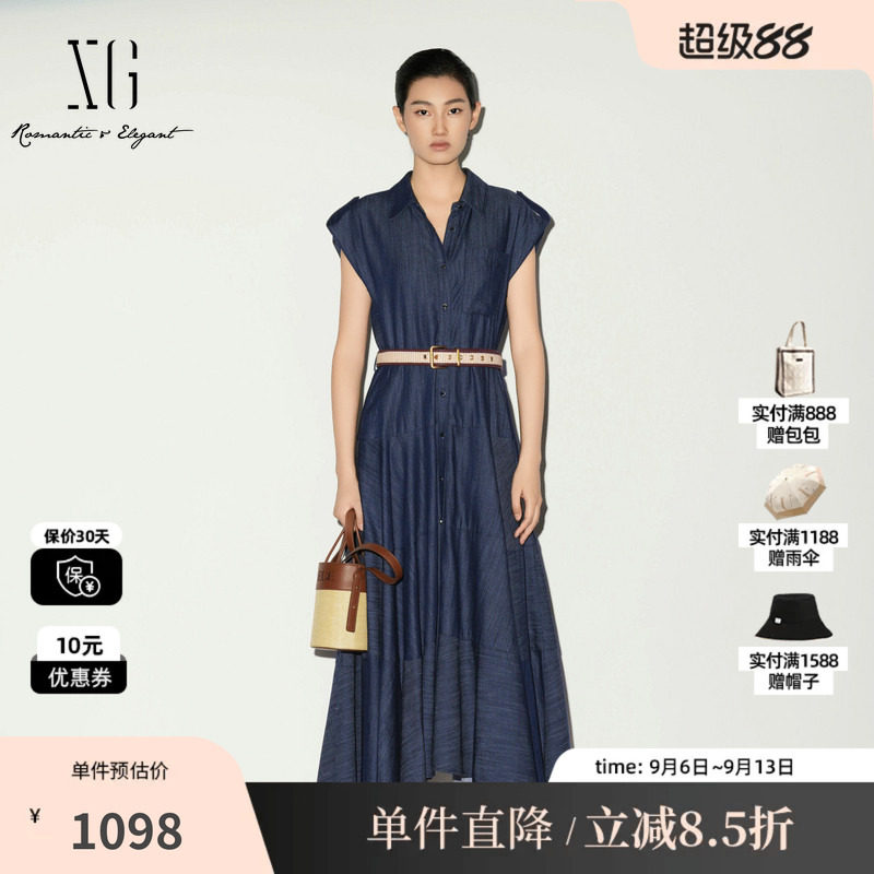 XG/雪歌XL204039A219牛仔蓝色无袖连衣裙配腰带棉感中长A字伞裙女