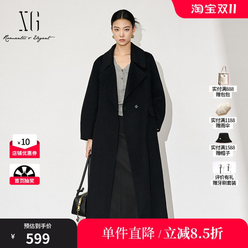 XG雪歌XJ410066A790长袖毛呢外套时尚冬季新款中长绵羊毛大衣女