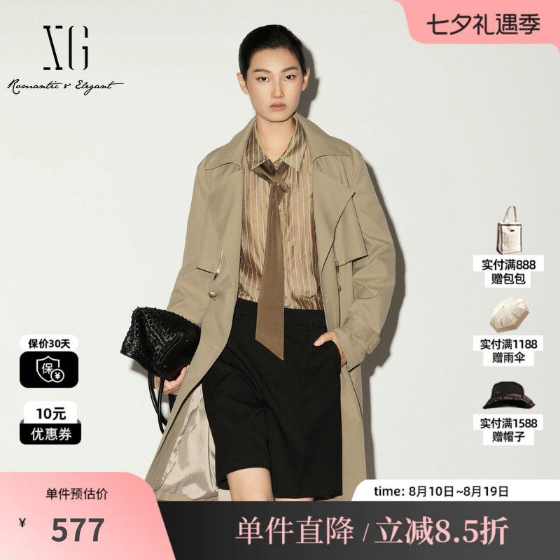 XG/雪歌XL108005A209双排扣中长风衣直筒拉链宽松腰带显瘦外套女