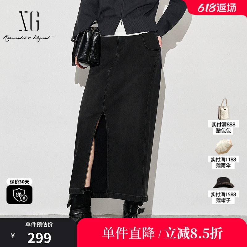 XG/雪歌XK303001A190开叉牛仔半身裙2025秋季新款黑色高腰长裙女